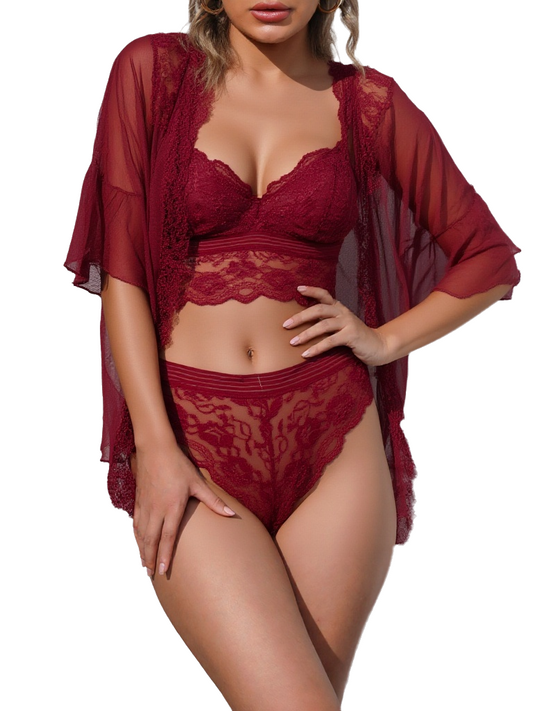 Ladies 3pcs High quality Lace Nighty Net See Bridal Set